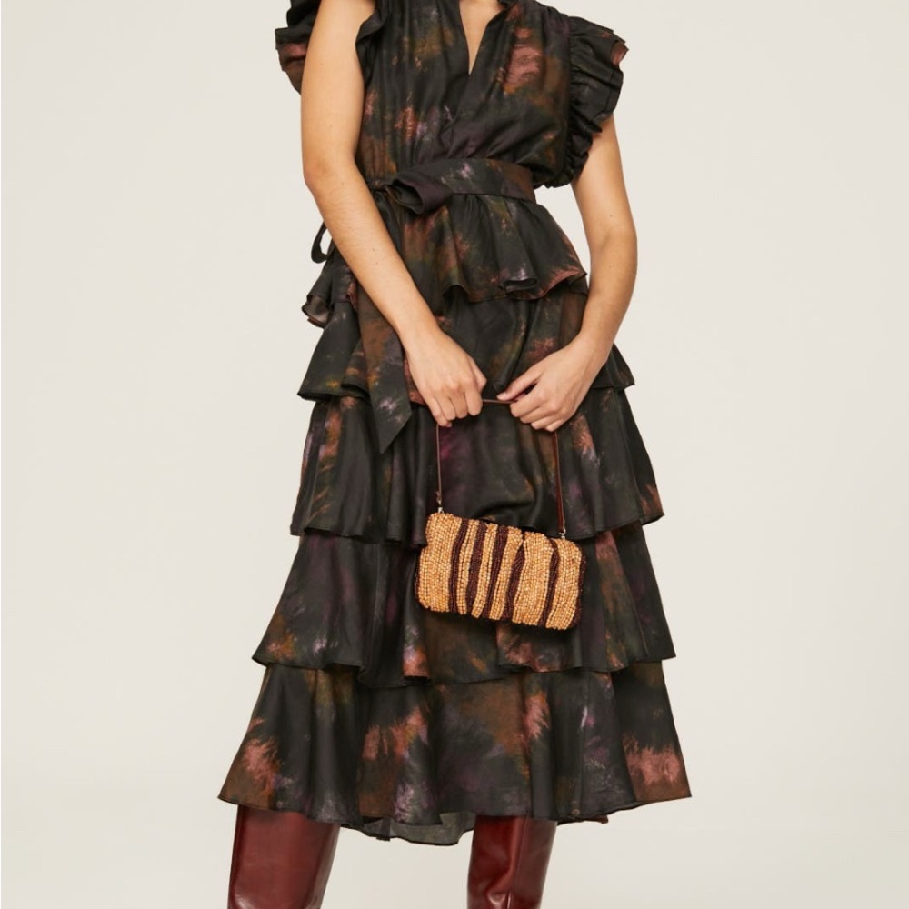 Marie Oliver Gray Asymmetrical Ruffled Maxi Dress